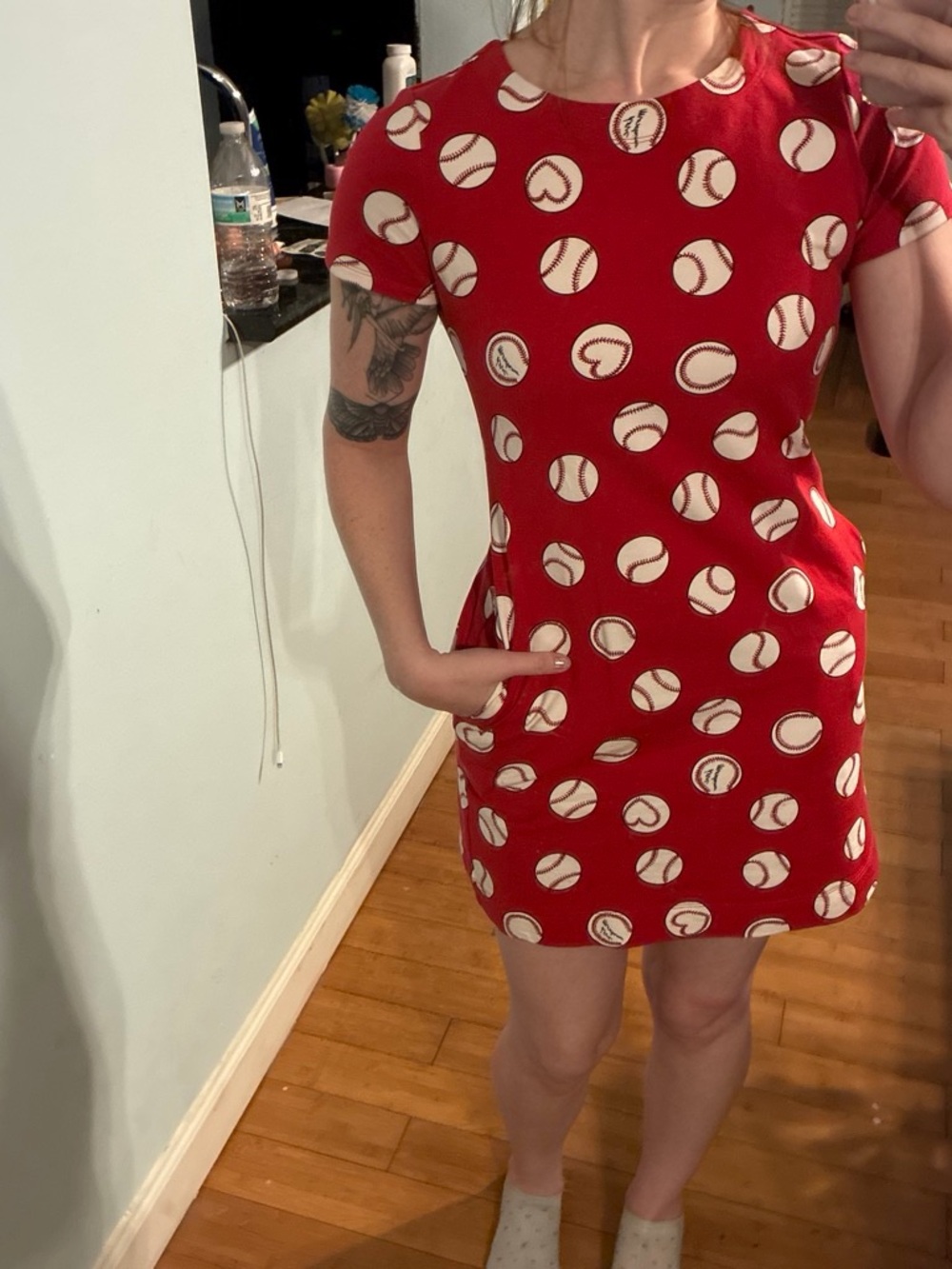 Love Moschino Red Baseball Print Midi Dress with pockets